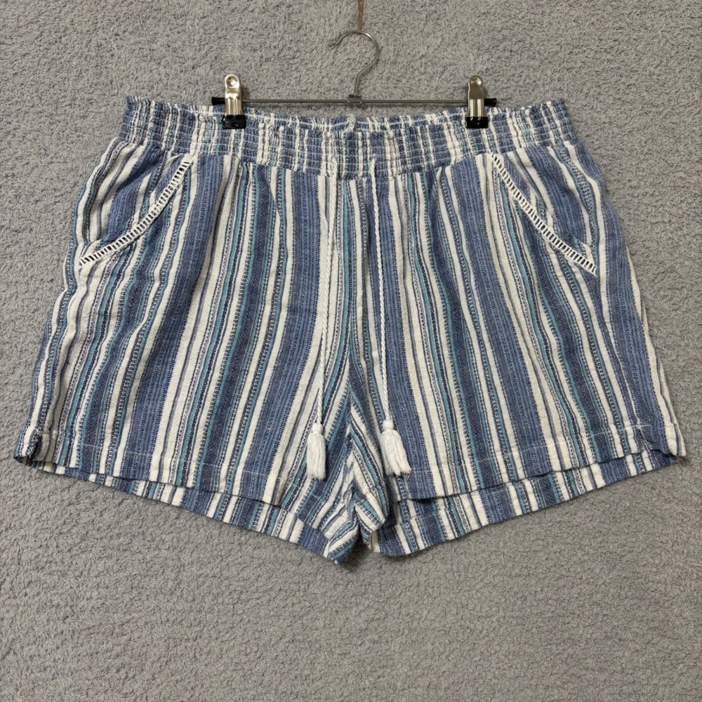 Linen Blend Pull On Shorts XXL Blue Striped Elastic Waist Casual Summer Relaxed